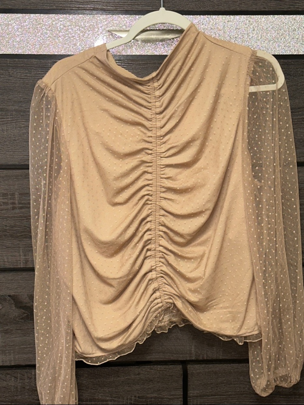 Anthropologie Beige Ruched Dot-Mesh Long Sleeve Top